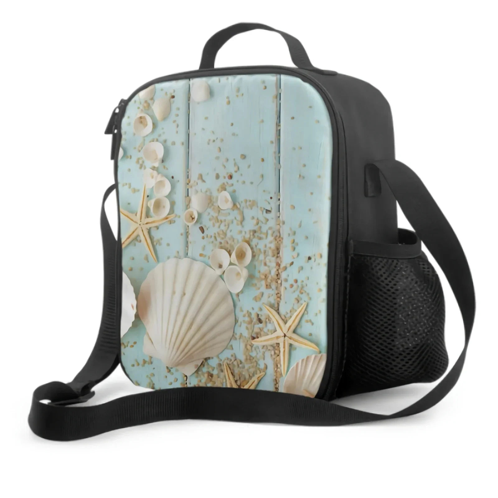 Bolsa de almuerzo aislada con diseño de estrella de mar, contenedor enfriador con diseño de concha de mar sobre tablero azul, ideal para el trabajo escolar, Picnic, Océano, tema náutico