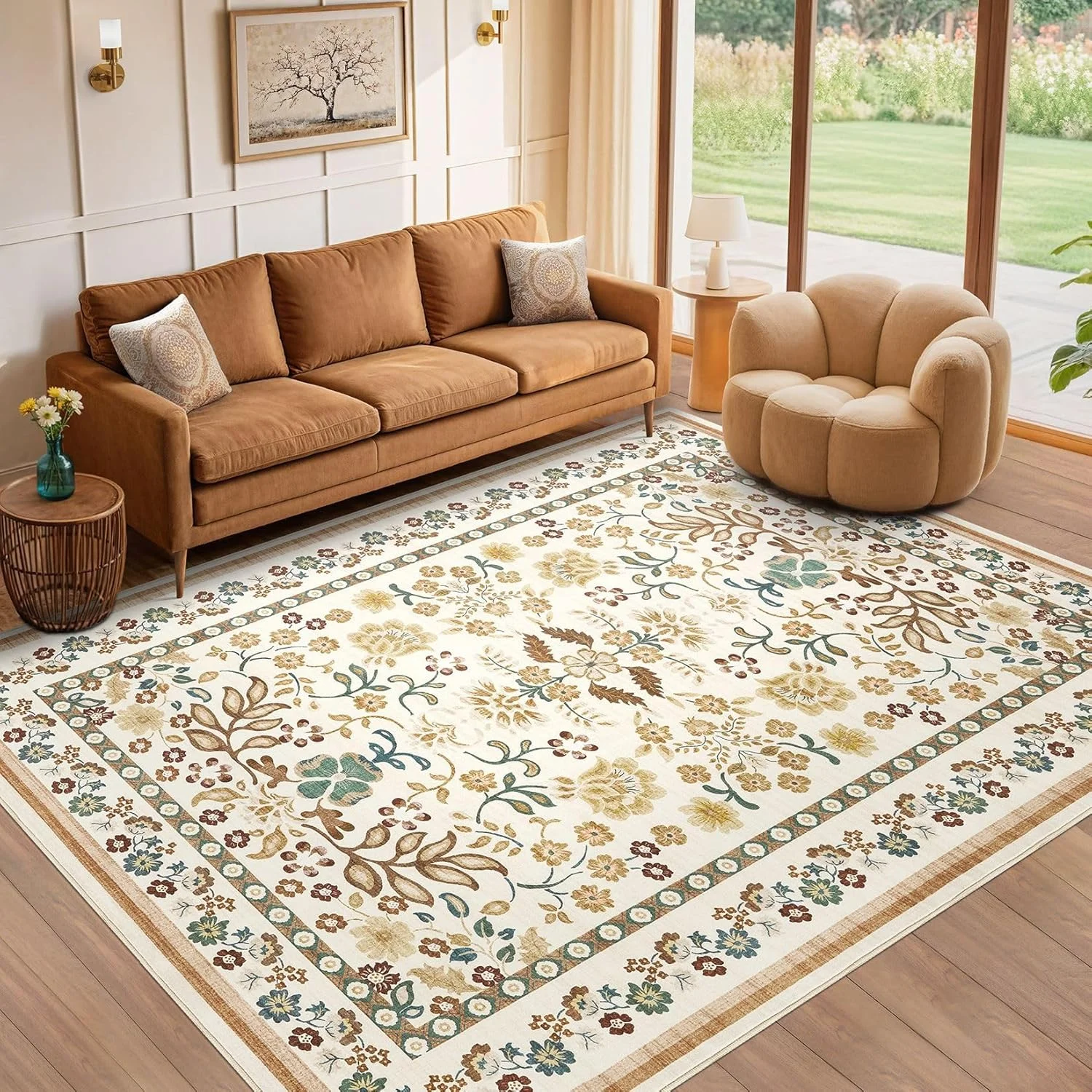 

Area Rug Living Room Rugs - Washable Vintage Floral Large Non Slip Thin Rug Carpet for Bedroom Dining Room Kids Playroom Offic