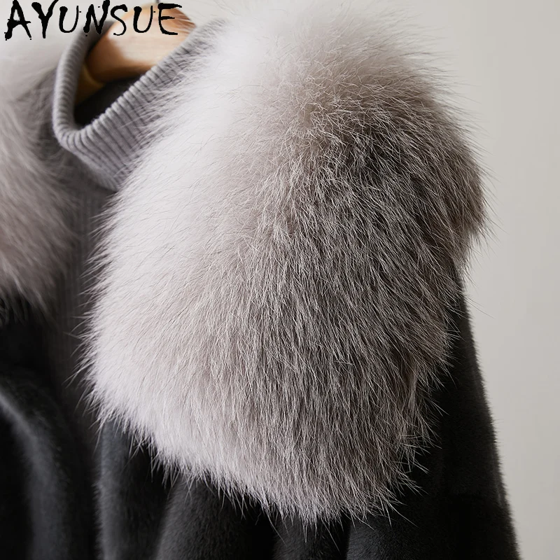 معطف فرو المنك الطبيعي من AYUNSUE ملابس حريمي بياقة من فرو الثعلب معاطف نسائية فاخرة من فرو المنك بالكامل سترة شتوية 2025 شغبة Жenca