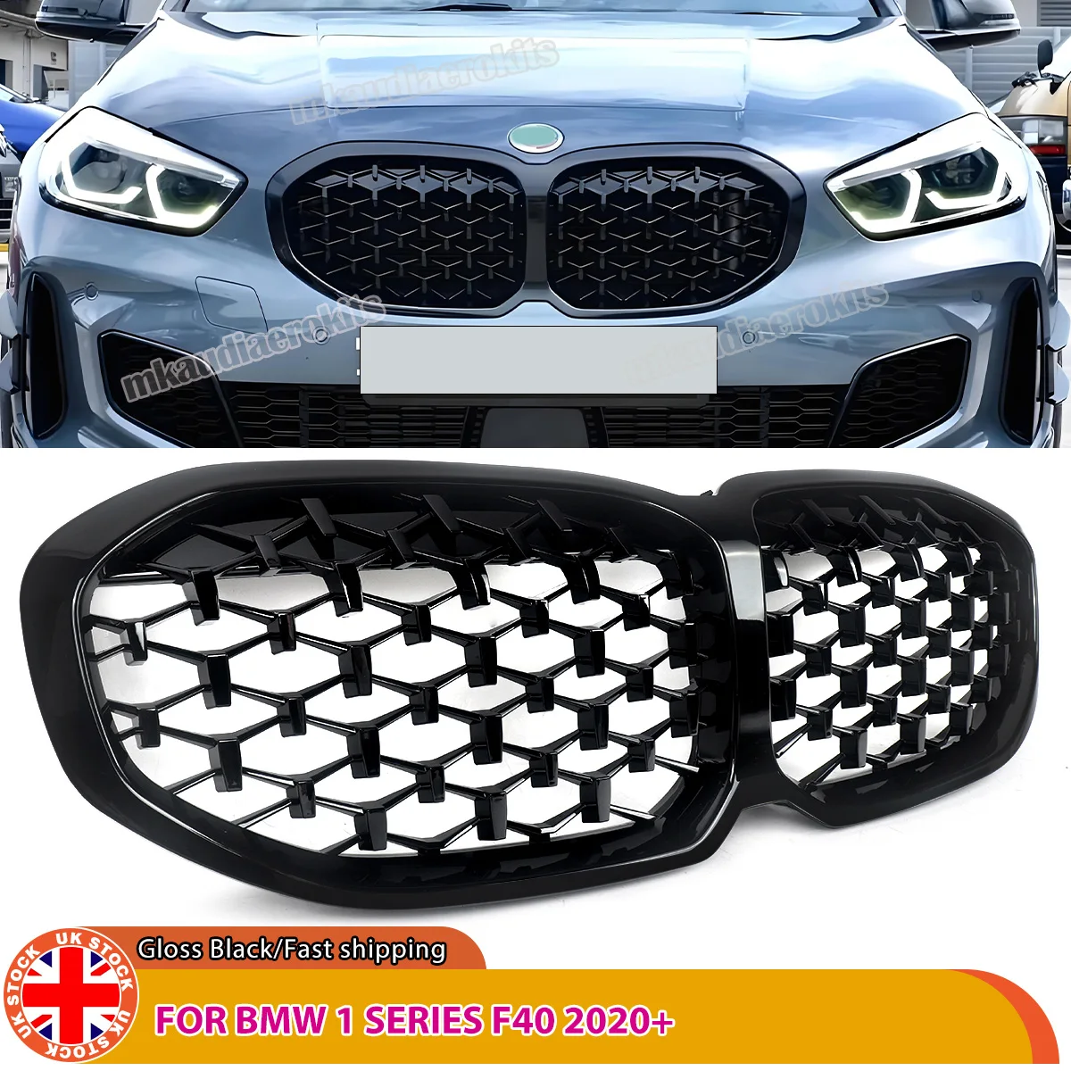 

GLOSS BLACK front grille For BMW F40 1 SERIES 120i 118i 2019 2020 2021 2022 2023 DIAMOND STYLE M SPORT FRONT GRILLE grid refit