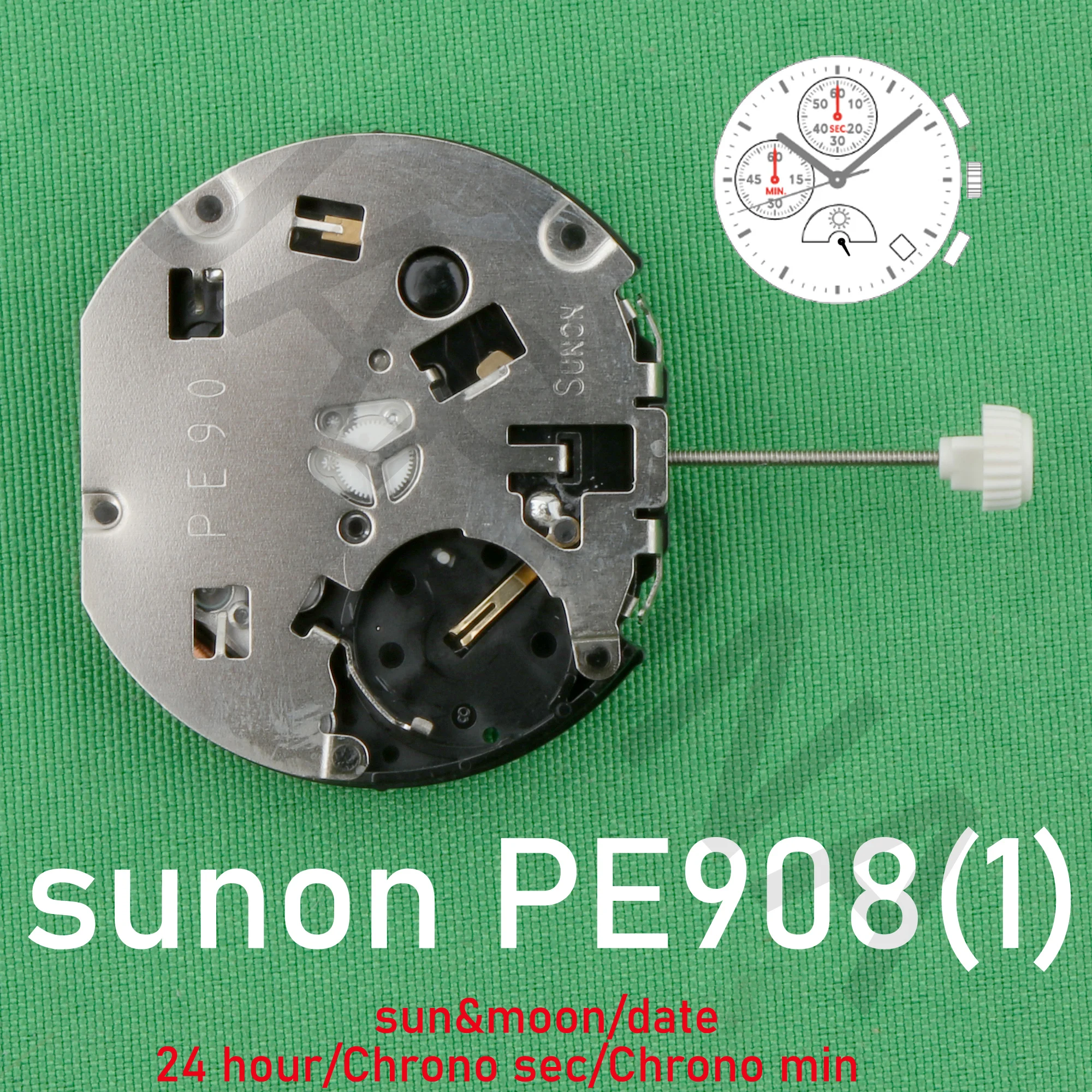 PE908(1) movement sunon PE90 movement watch Ligne Quartz Movement Three Hands with 3Eyes＆Date Small Chrono Sec＆ Min,24Hour PE908