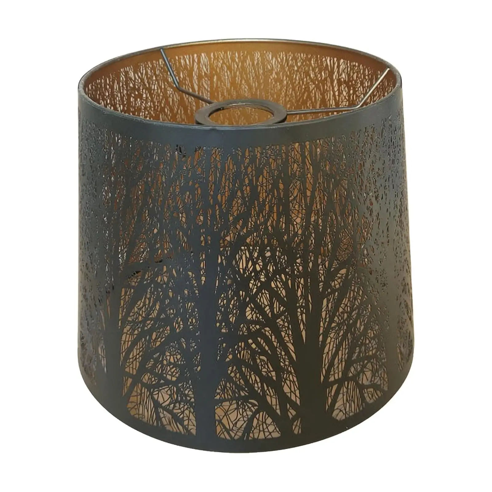 Tapered Metal Lamp Shade with Woodland Cutout Decorative Black Exterior Gold Interior Lampshade Sturdy Openwork Tree Pattern