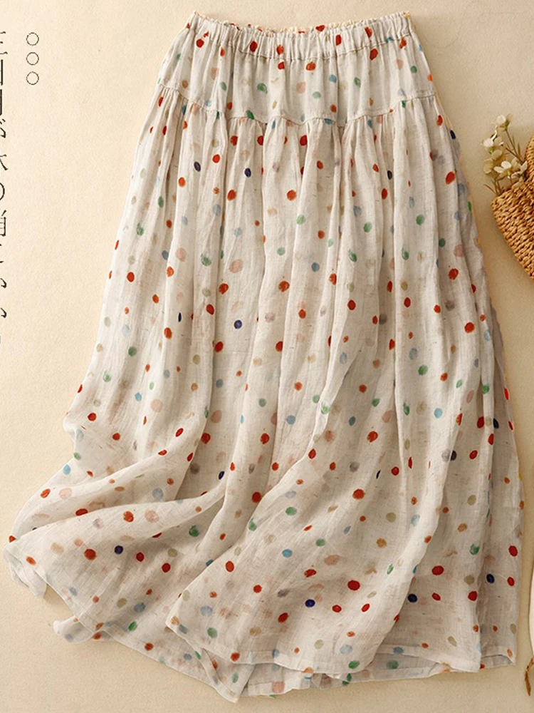 

Японская хлопковая льняная юбка трапециевидной формы в горошек, женская летняя льняная юбка с эластичной резинкой на талии и драпировкой
