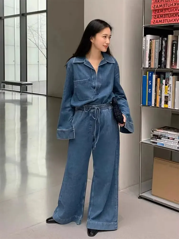 TRAFZA Women Blue Denim Lapel Collar Blouse Oversized Chest Patch Pockets Long Sleeve Pullover Shirt Vintage High Street Outfits