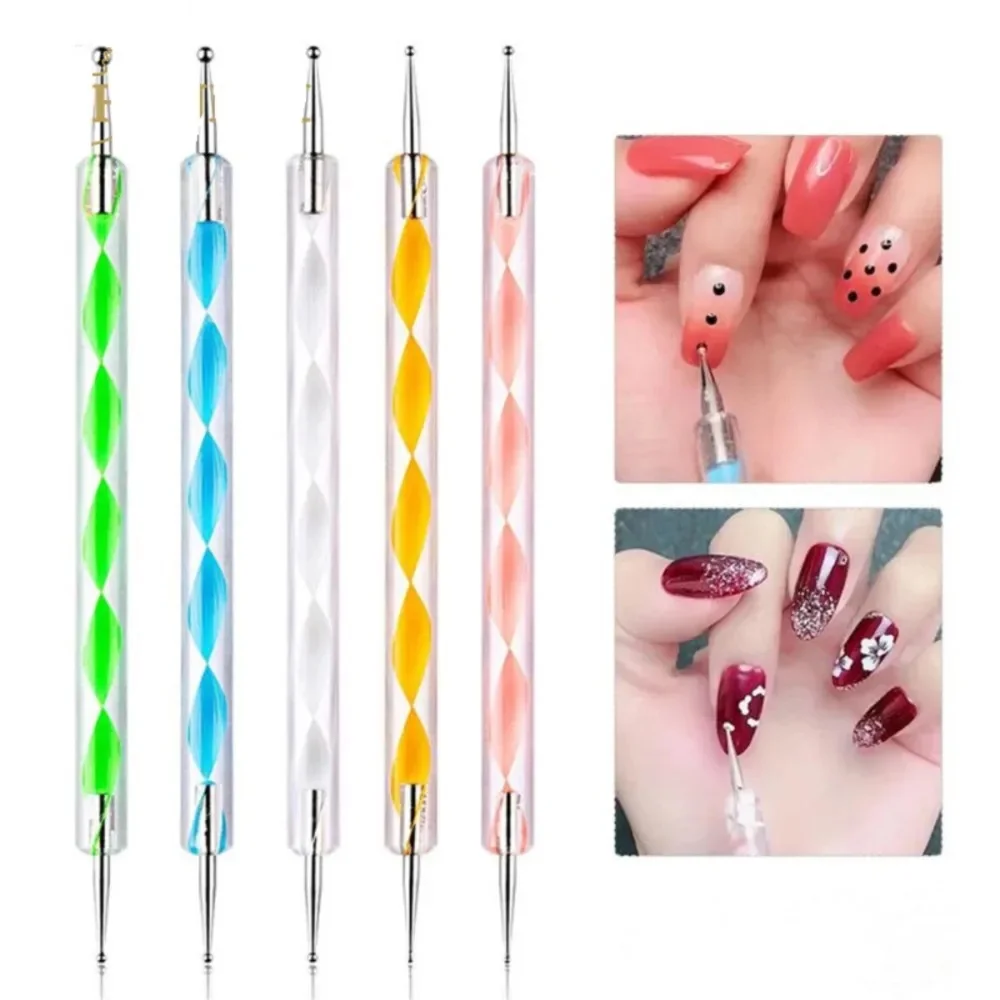 

5Pcs/Set Professional 2 Ways Nail Art Dotting Pen Plastic Swirl Wood Marbleizing Steel Rhinestones Pickup Pen Manicure Tools