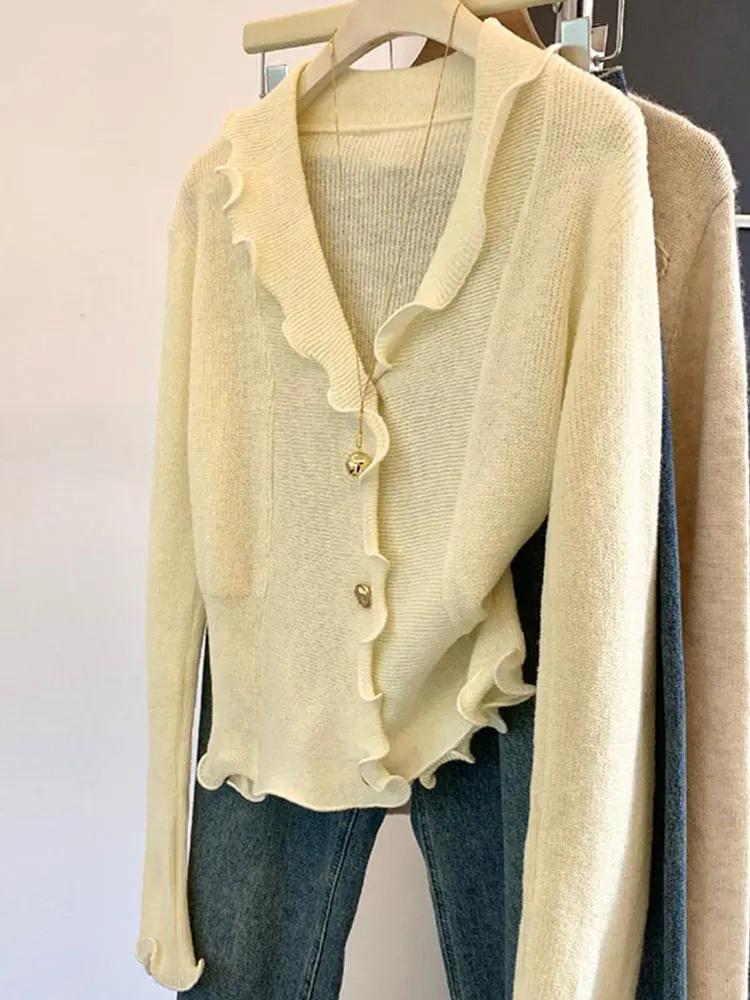 

Вязаный кардиган Sweet ort для женщин: легкая верхняя одежда для весны и лета, защита от солнца и кондиционированных помещений, V-образный вырез, длинный рукав, шелковый топ