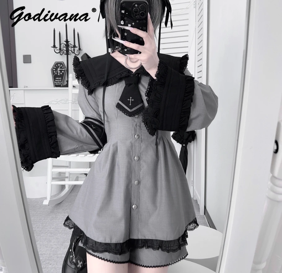 

New Autumn Large Lapel with Small Tie Long Sleeve Shirt Lolita Top and Shorts Subculture Lolita Two-Piece Shorts Set