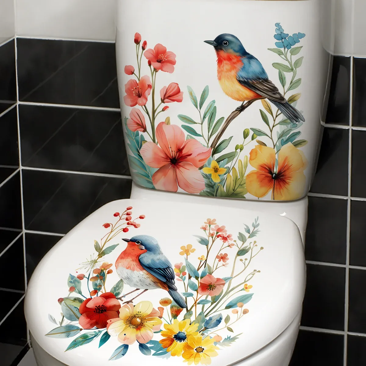 2 uds DIY pegatina de baño diseño de flor de pájaro para decoración de tanque de agua de baño pegatina de inodoro desmontable impermeable
