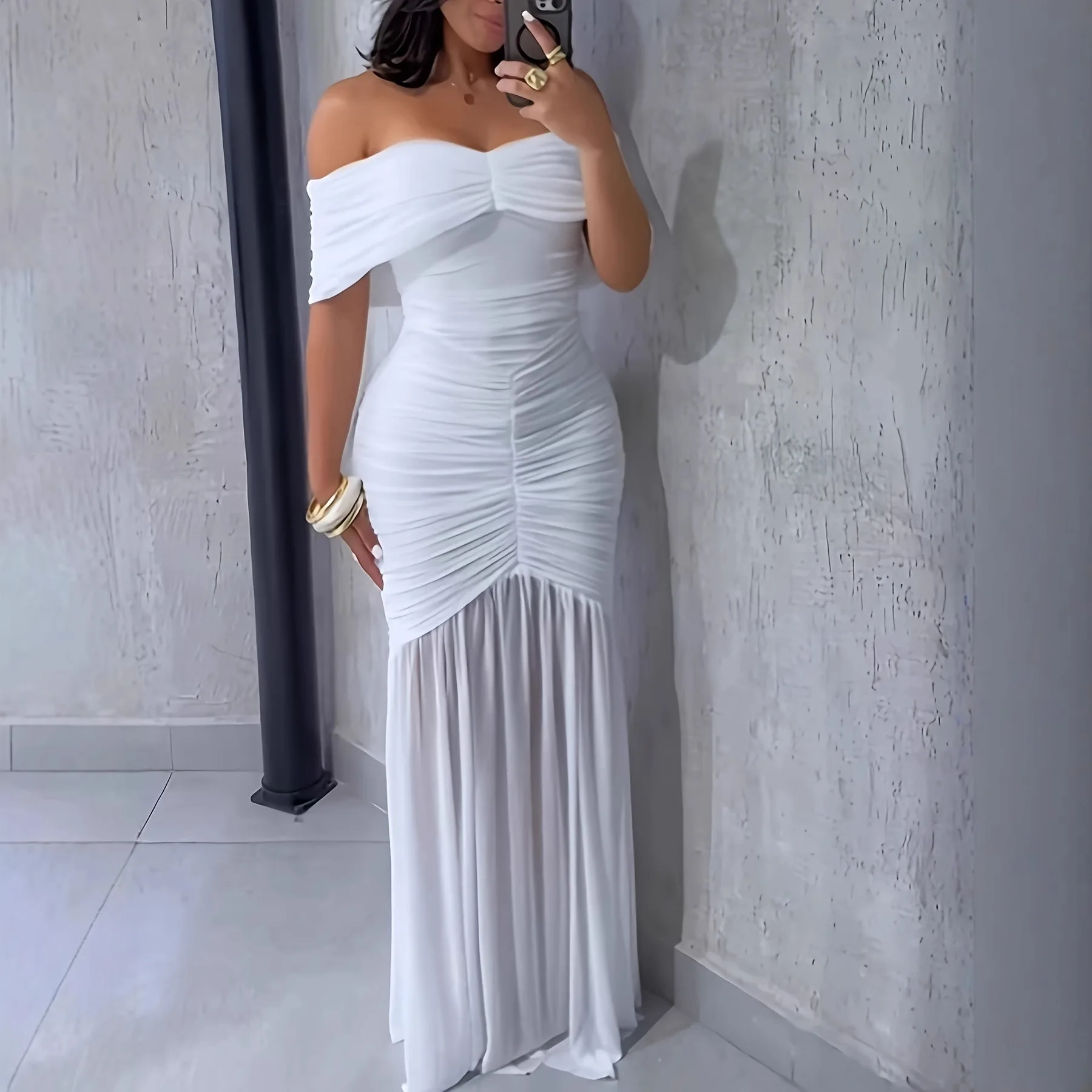 

Women's Solid Color One Shoulder Dress Fashion 2025 Autumn Elegant Sexy Slim Fit Waist Evening Dress Mermaid Hem Party Dress