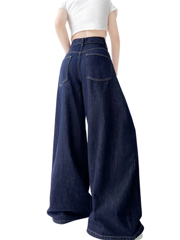 

Korean Fashion New Design High Waist Jeans Women Blue Sexy Gyaru Wide Leg Pants Summer 2000s High Street Hip-hop Denim Trousers