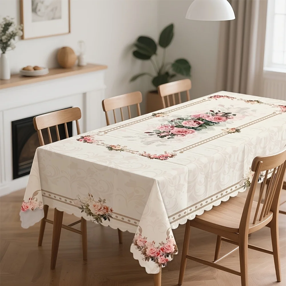 【2D】Tischdecken 1 Stück Retro-Blumendruck-Tischdecke - Tischdecke mit floralem und gemustertem Rand aus Polyester