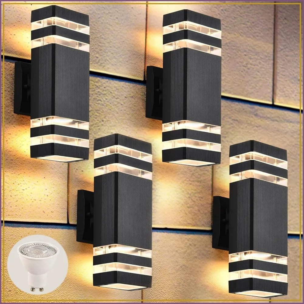 4 Pack Outdoor Wall Lights, Modern Exterior Lighting Fixtures, 2-Layer Black Up and Down Lights for House, Porch, Patio, Garage