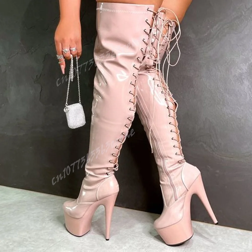 Pink Patent Leather Boots over the Knee Platform Shoes for Women Fashion Thin High Heels Sexy Shoes 2024 Zapatos Para Mujere