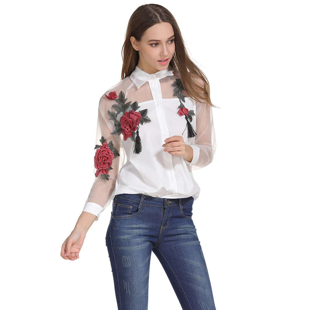 Fashion Women Organza Embroidery Flowers Chiffon Blouse Long Sleeve Casual Shirt Plus Size Female Stitching White Blouse S-3XL