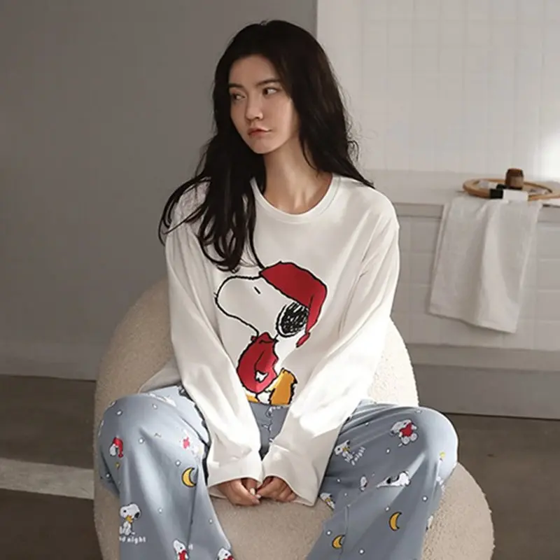 New Kawaii Cute Snoopy Pajamas Thin Style Long Pants Long Sleeves Loose Casual Sweet Home Clothes Birthday Gifts Girlfriend Gift