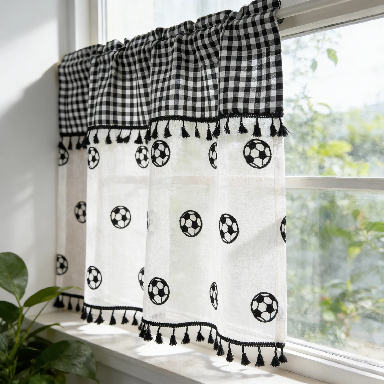 

Modern Minimalist Black And White Checkered Drapes With Tassels,Cute Cartoon Embroidered Sheer Voile,Small Window Curtains