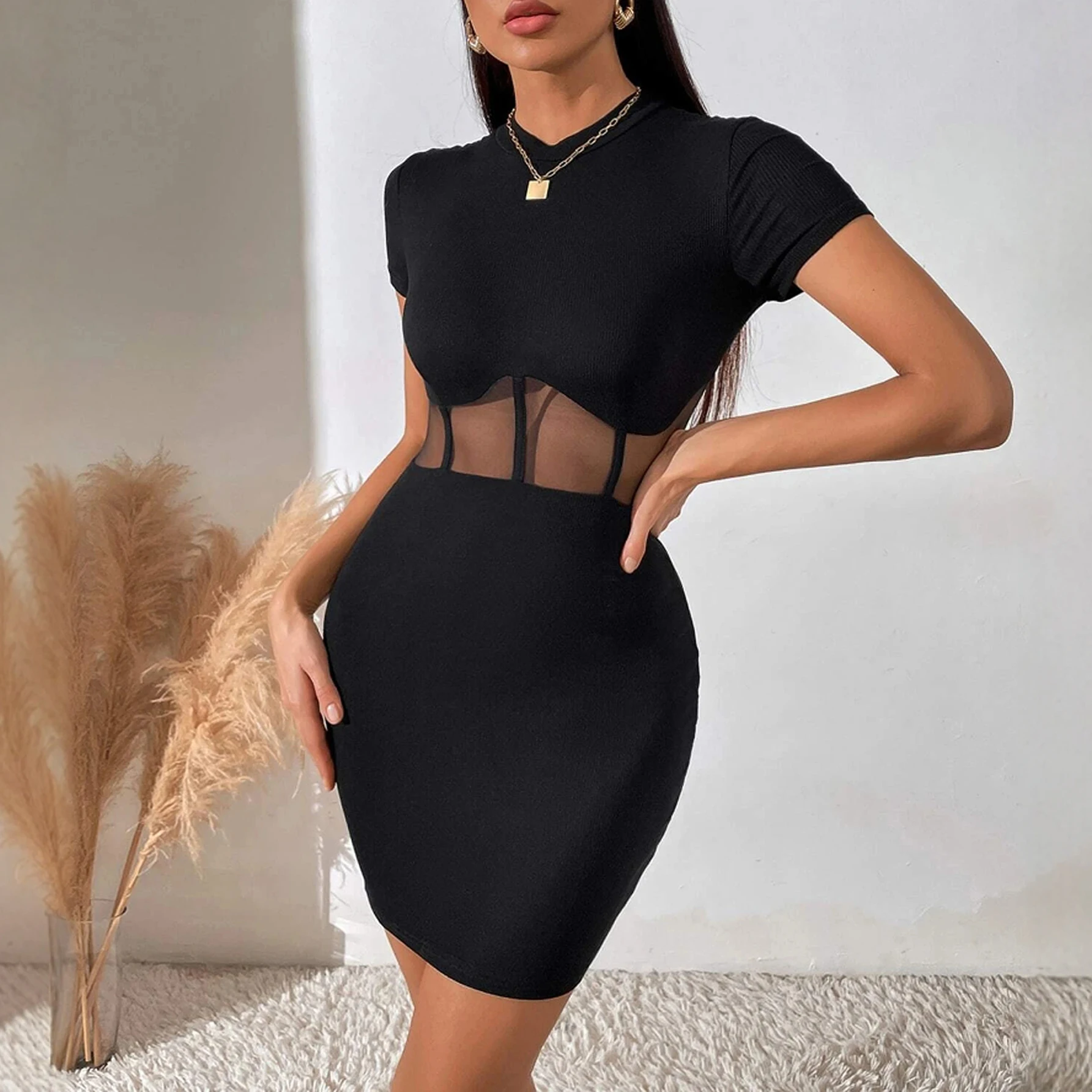 Mini abiti avvolgenti da festa con scollo tondo a maniche corte in tinta unita trasparente sexy alla moda