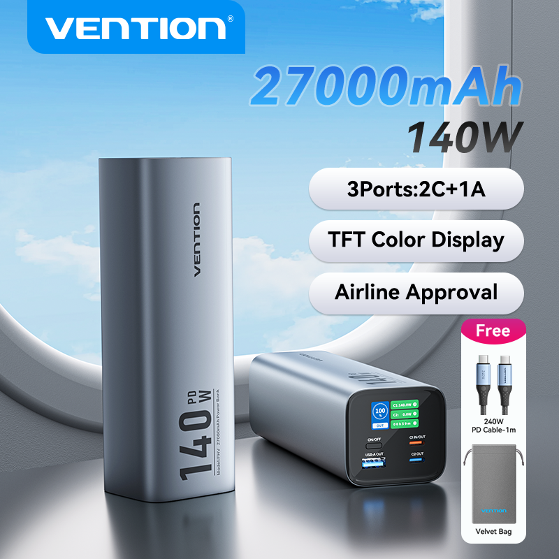 Vention Power Bank 140W 27000mAh Portable PD External Battery PowerBank 100W for Macbook Pro iPad iPhone Laptop Notebook Xiaomi