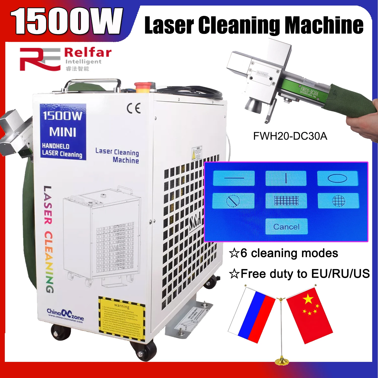 RU 1500W Laser Rust Removal Clean Machine Handheld Laser cleaning Machine double pendulum model 300x300mm scan range