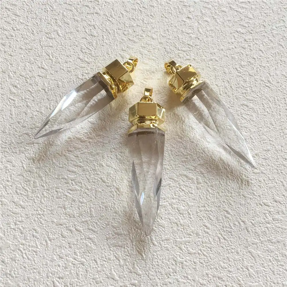 FUWO Wholesale Natural Crystal Quartz Spike Pendant,Golden Plated Pendulum Semi Precious Stone Jewelry Accessories 5Pcs PD085GW