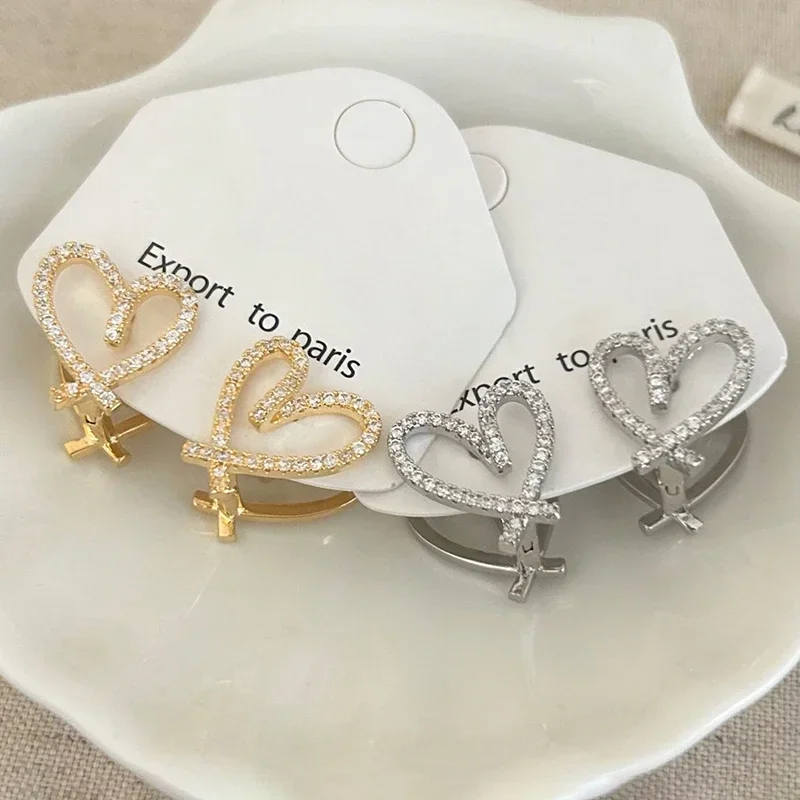 

Real 925 Sterling Silver 18K Gold Zircon Hollow Heart Hoop Earrings for Women Cute Fine Jewelry Sweet Cool Accessories
