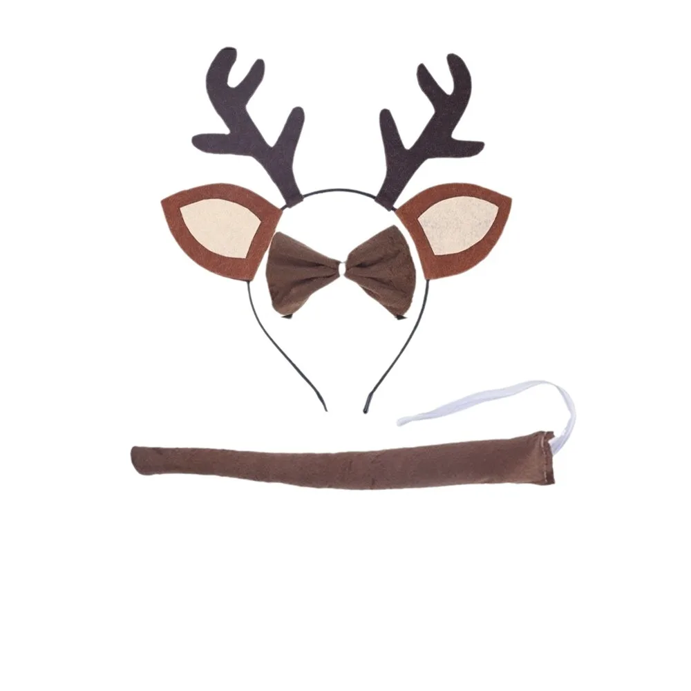 Fashion Antler Elk Costume Set Bow Tie Flower Christmas Headband Hair Accessories Tail Reindeer Hair Hoop Cosplay