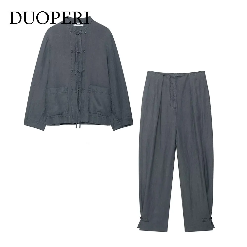 

DUOPERI женский комплект из 2 предметов, модные серые рубашки с длинными рукавами и винтажные брюки полной длины на молнии спереди, шикарные женские комплекты брюк
