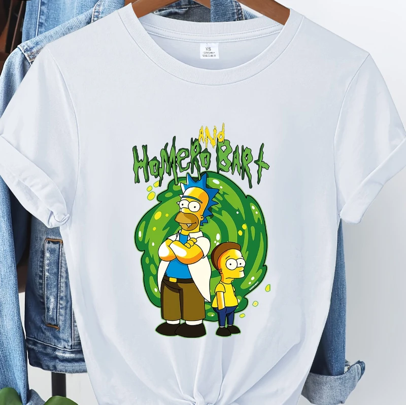 تي شيرت Simpsons المعتمد رسميًا "The Simpsons" Homer Bart بنمط الرسوم المتحركة المطبوع للسيدات من القطن الخالص برقبة دائرية #2