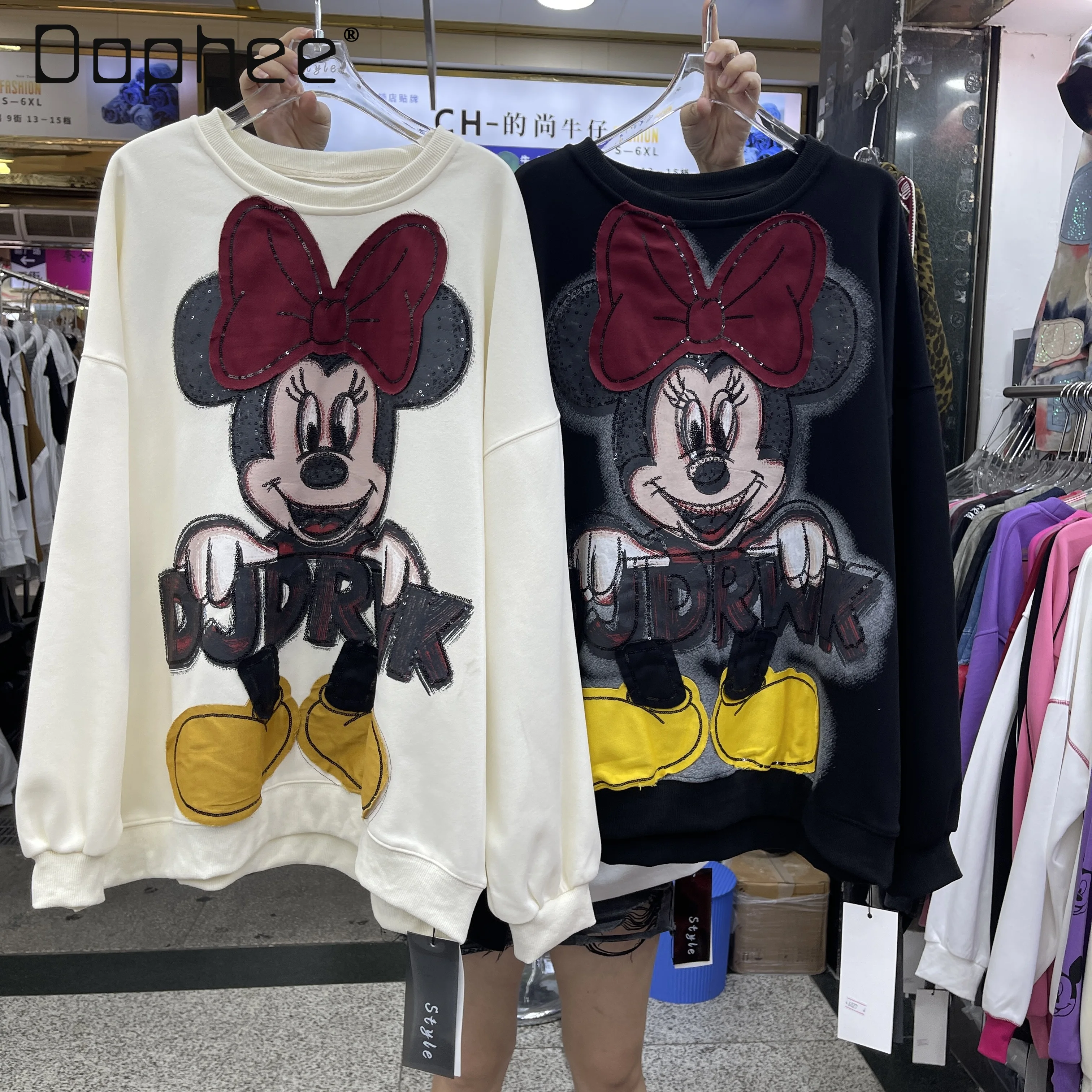 

Autumn New Heavy Sequin Print Cartoon Round Neck Pullover Sweatshirt for Women Loose Fashion Long Sleeve Top Oversized Hoodie