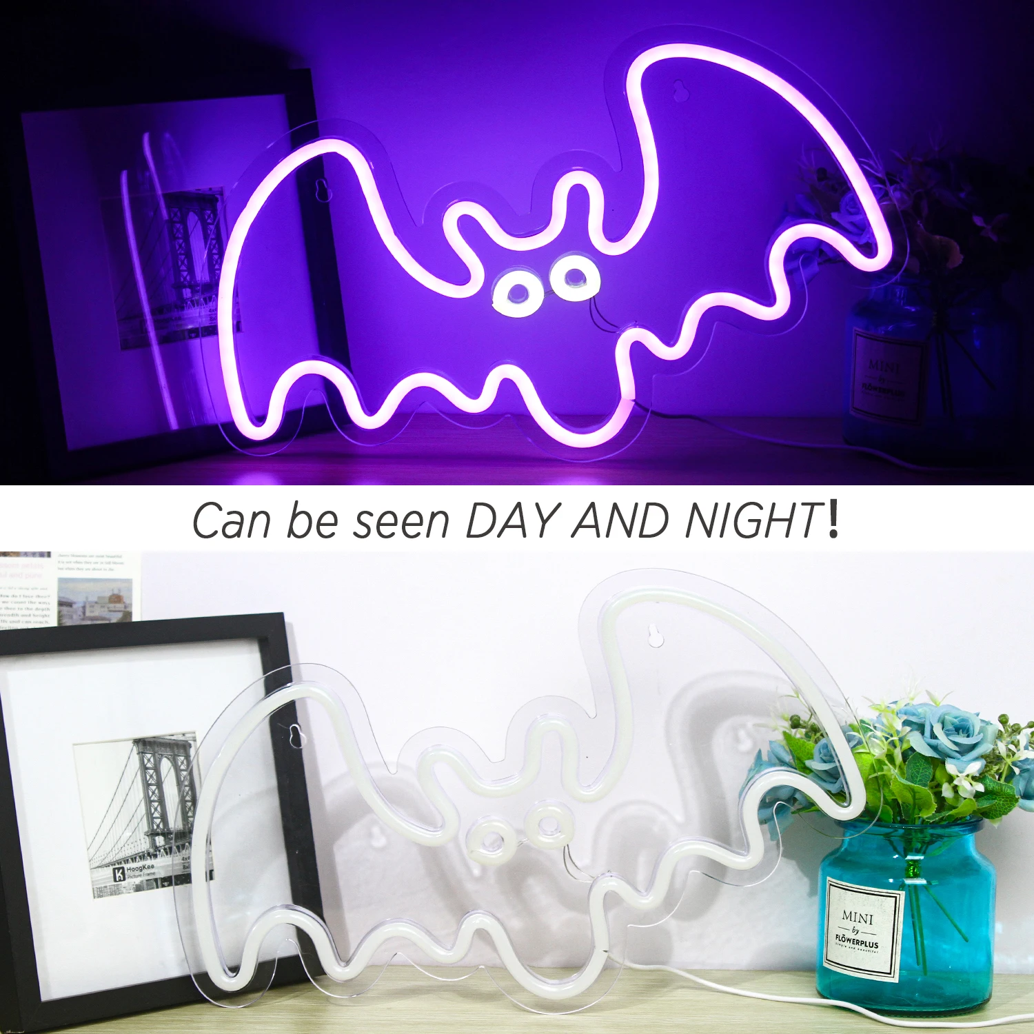 Halloween Bat Neon LED Sign, Alimentado por USB, Decoração de parede roxa, Festa, Quarto, Sala de jogos, Assustador