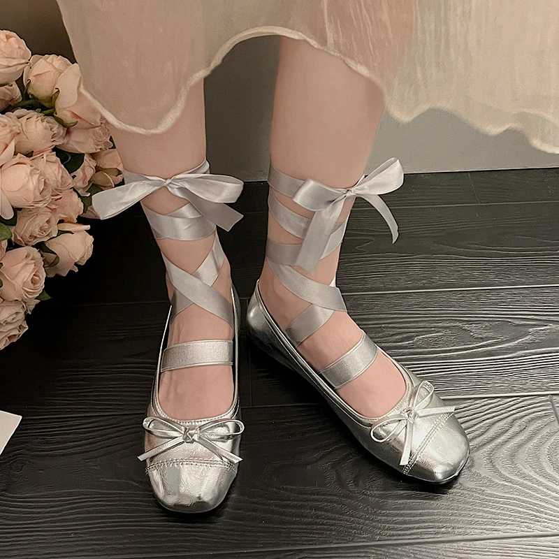 2024 New Fashion Round-toe Flat-soled Women's Shoes with Cross Straps and Shallow Bows for Spring and Autumn Women's Shoes