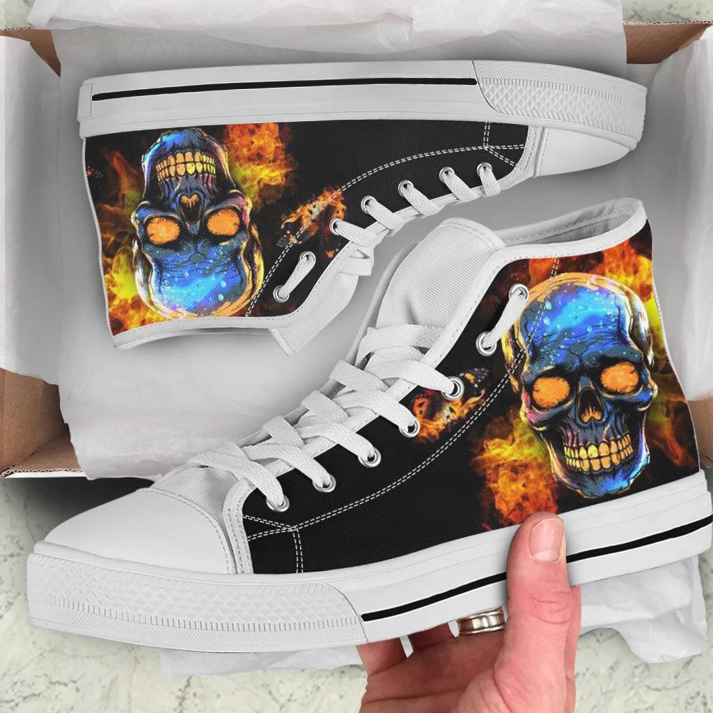 INSTANTARTS Fierce Burning Skull Print Men Shoes Men's 2024 Spring New High Top Canvas Shoes Soft Sole Non-slip Student Sneakers