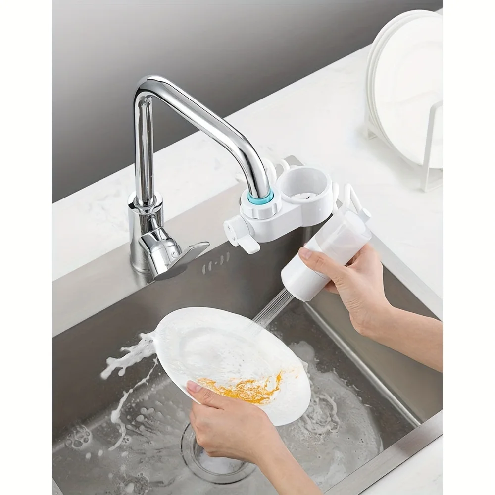 1PC White Kitchen Faucet Extender with Soap Dispenser, 2-Speed Spray & 1-Touch Foam, Anti-Splash Design for Easy Grease Removal