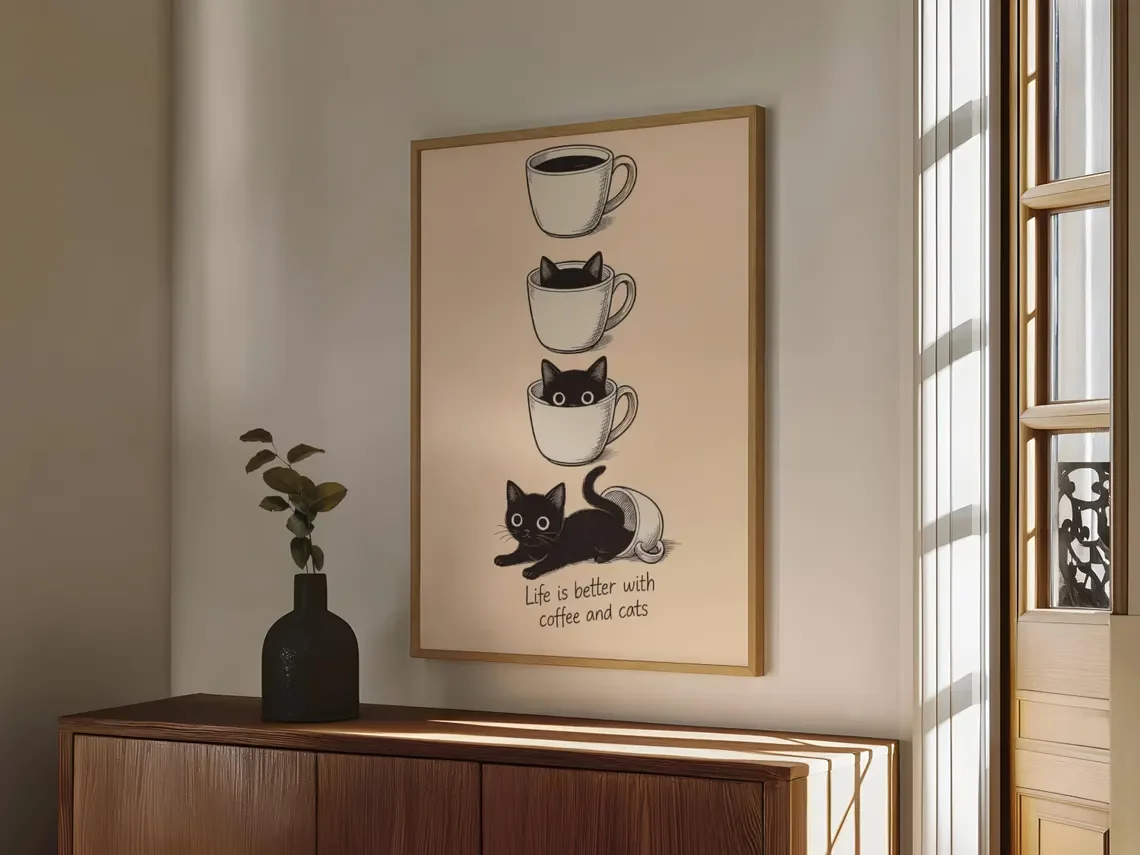 Life Is Better with Coffee and Cats Wall Print Decor - Whimsical Cat Art for Coffee Bar Accent, Kitchen Wall Decor, or Cozy Sta view 2
