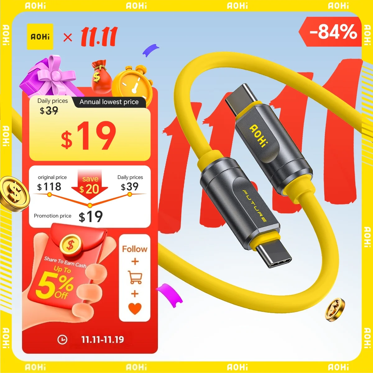 

Кабель AOHI THE FUTURE Adonis USB4 2,0 Type C, 240 Вт, быстрая зарядка, 3,3 фута (120 Гбит/с/8 КБ/ PD3.1) для MacBook iPad