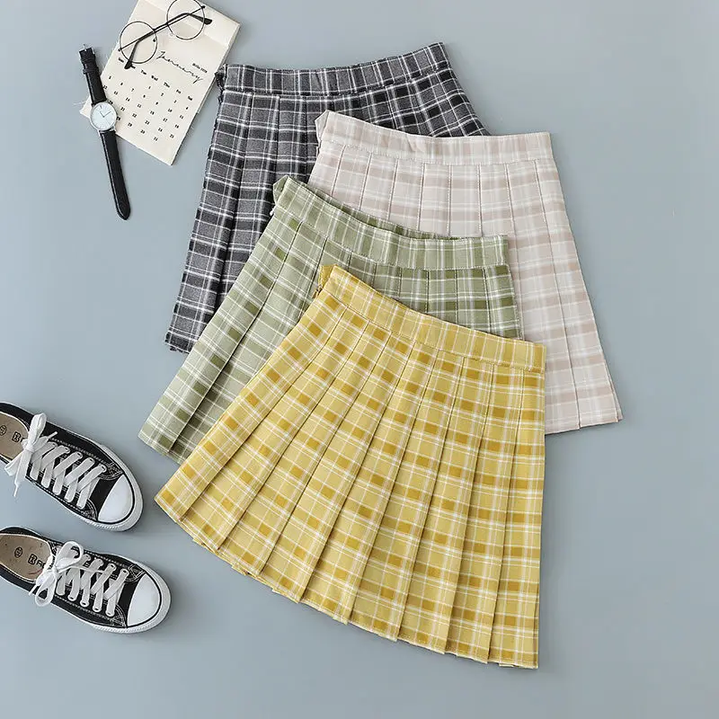 Yellow Pleated Skirt Summer All-match Plaid High Waist A-line Skirt Women Clothing Preppy Style Printing Lolita Style Skirts