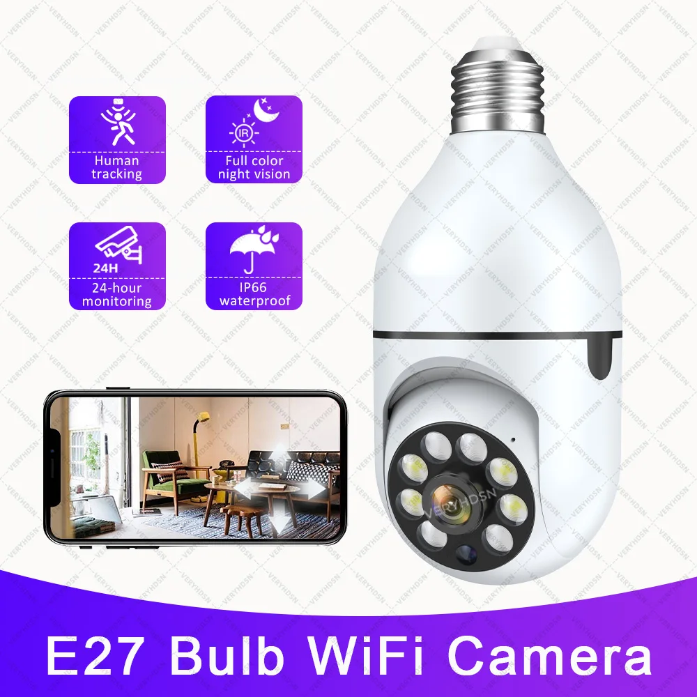 3MP WiFi IP Camera E27 Bulb Color Night Vision Indoor Surveillance Cameras 4X Digital Zoom HD PTZ AI Human Motion Detect Monitor