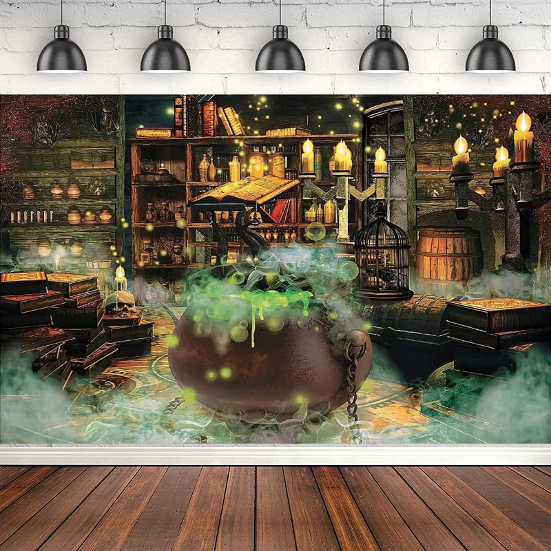 

Halloween Photography Backdrop Magic Cauldron Bookshelf Spooky Room Hoilday Party Decor Banner Portrait Background Photo Booth