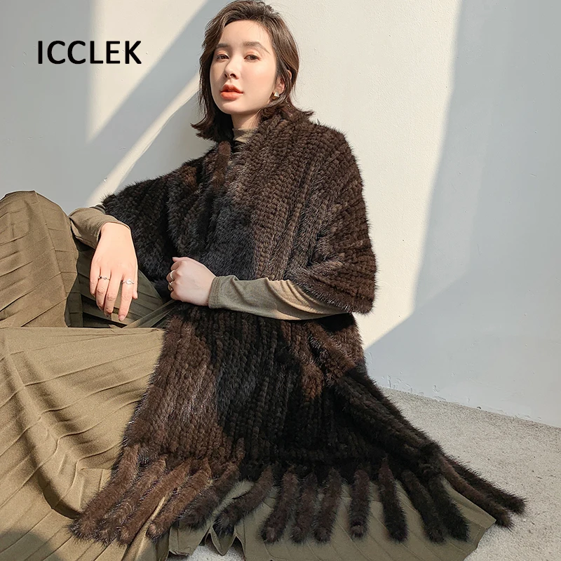 Mink Fur Shawl Women Winter Warm Luxury Large Size Fur Scarf Ladies Knitted Fur Scarves Women Wraps Evening Party Bridal Shawls