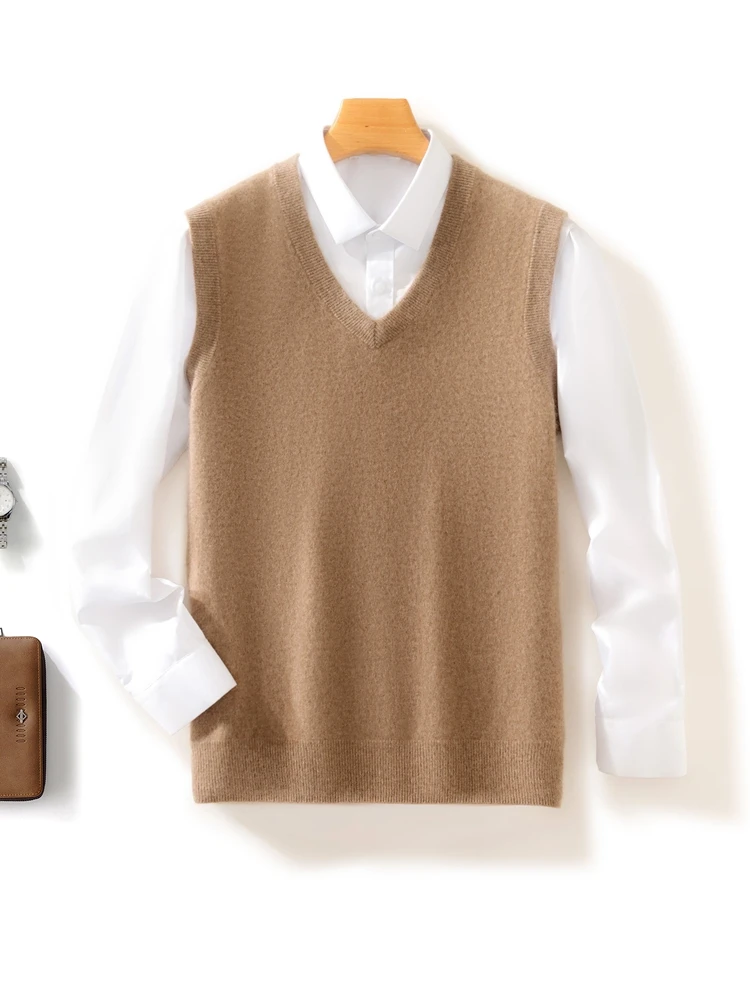 Spring  Autumn Men Sleeveless Pullover V-Neck Cashmere Sweater 100% Merino Wool Knitted Soft Casual knitwear Solid Color Tops