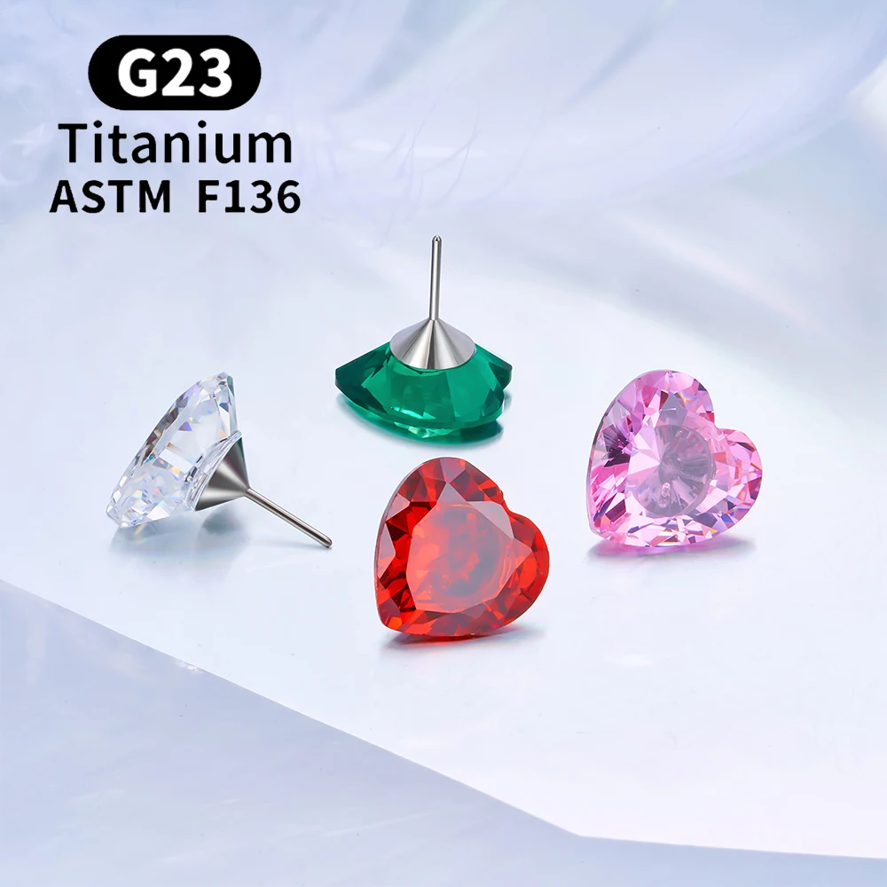 G23 Titanium Heart-shaped Stud Earrings for Women Girl 16G CZ Pin Type Labret Lip Ring Nose Ear Cartilage Tragus Body Jewelry