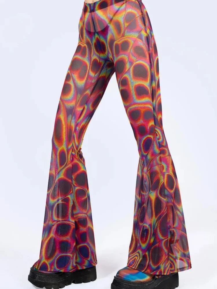 Retro Psychedelische Regenbogen-Leoparden-Schmetterlings-Flammen-Mesh-Druck Schlaghose mit hoher Taille, schmale Passform, Strick-Bell-Bottom-Hose – Detail 8
