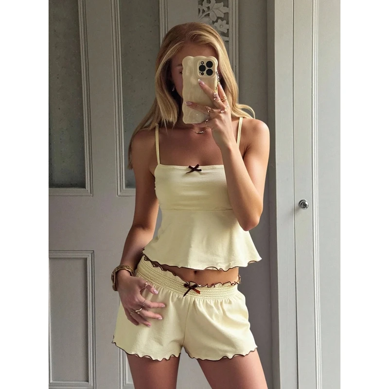 

Combhasaki Women's Summer 2Pcs Pajamas Set Contrast Edge Bow Decor Babydoll Padded Camisole Tops+Smocked Waist Shorts Loungewear