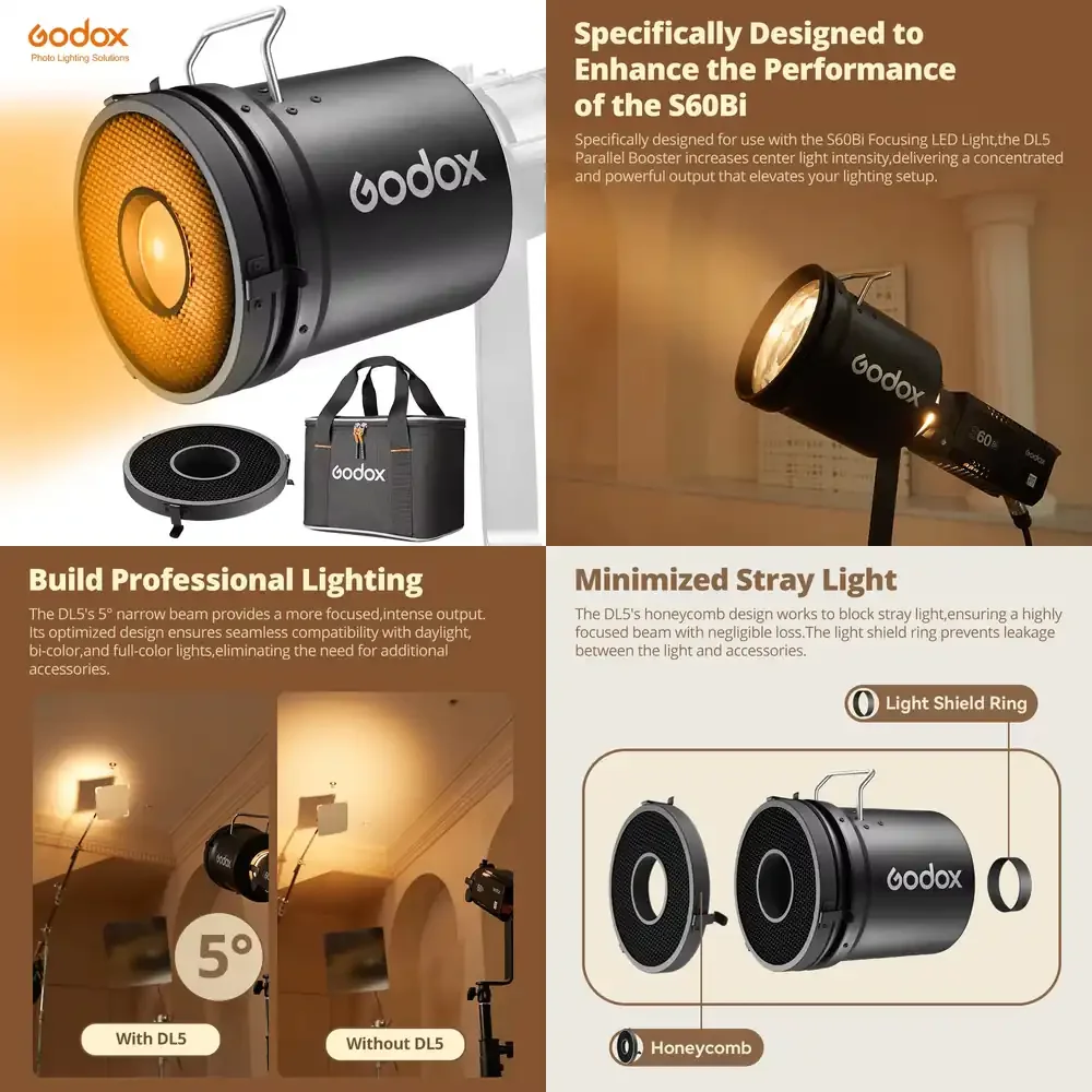 DL5 Paralóptero de Feixe Paralelo para Luz LED S60BI, Acessórios para Fotógrafos Profissionais com Bolsa Portátil para Criatividade