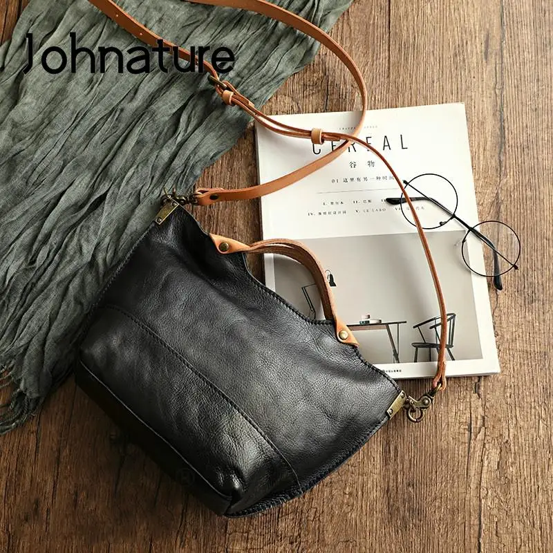 Borsa da donna semplice in vera pelle Johnature 2024 nuova borsa vintage di grande capacità borse a tracolla a tracolla in morbida pelle bovina