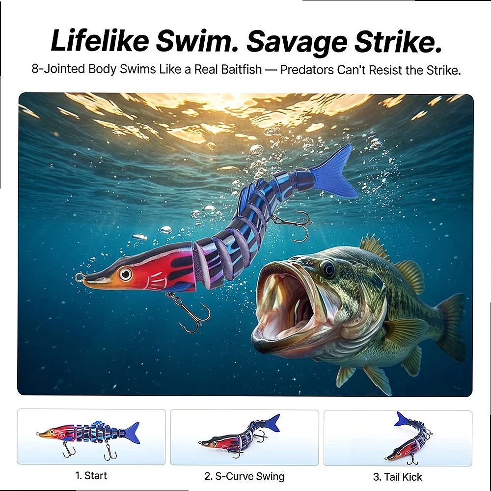 Jointed Musky Lure 8 Segments Lifelike Sinking Hard Bait 3/5/10 Pack Wobbler Rattle 3D Eyes for Trout Perch in River Current