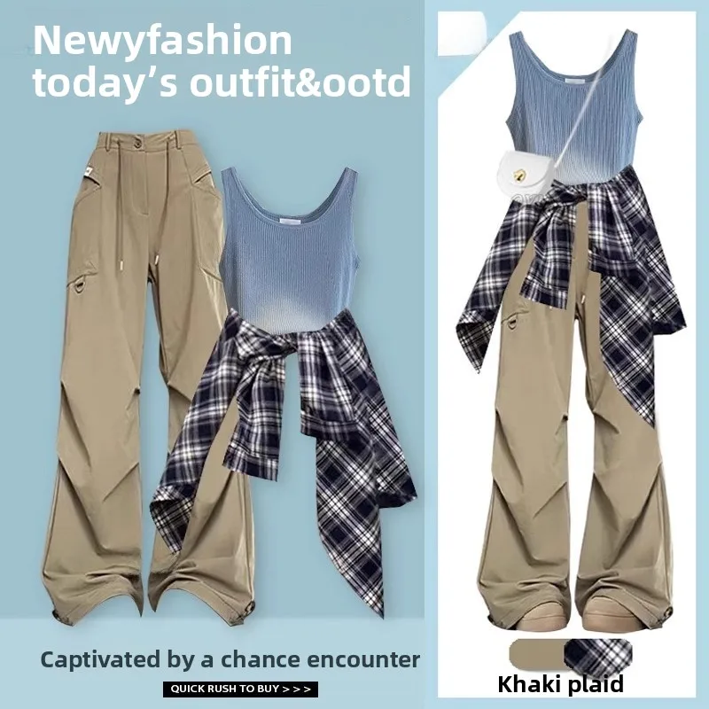 

Dopne Hot Girl adient Tee-Piece Set Women's Autumn New Sle Sun Protection irt Vest with Workwear Pants
