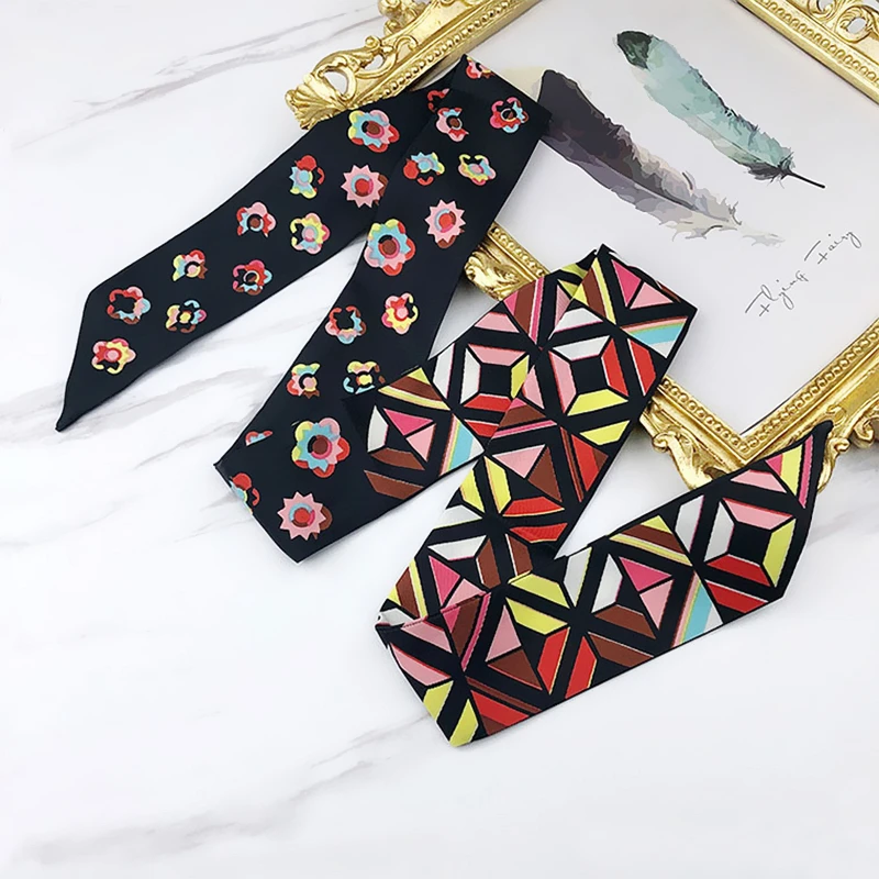 120cm LengthenedKorean Version Color-blocking Flower Fashion Ladies Fecoration Twill long Strip silk scarf Tie Bind a bag Ribbon