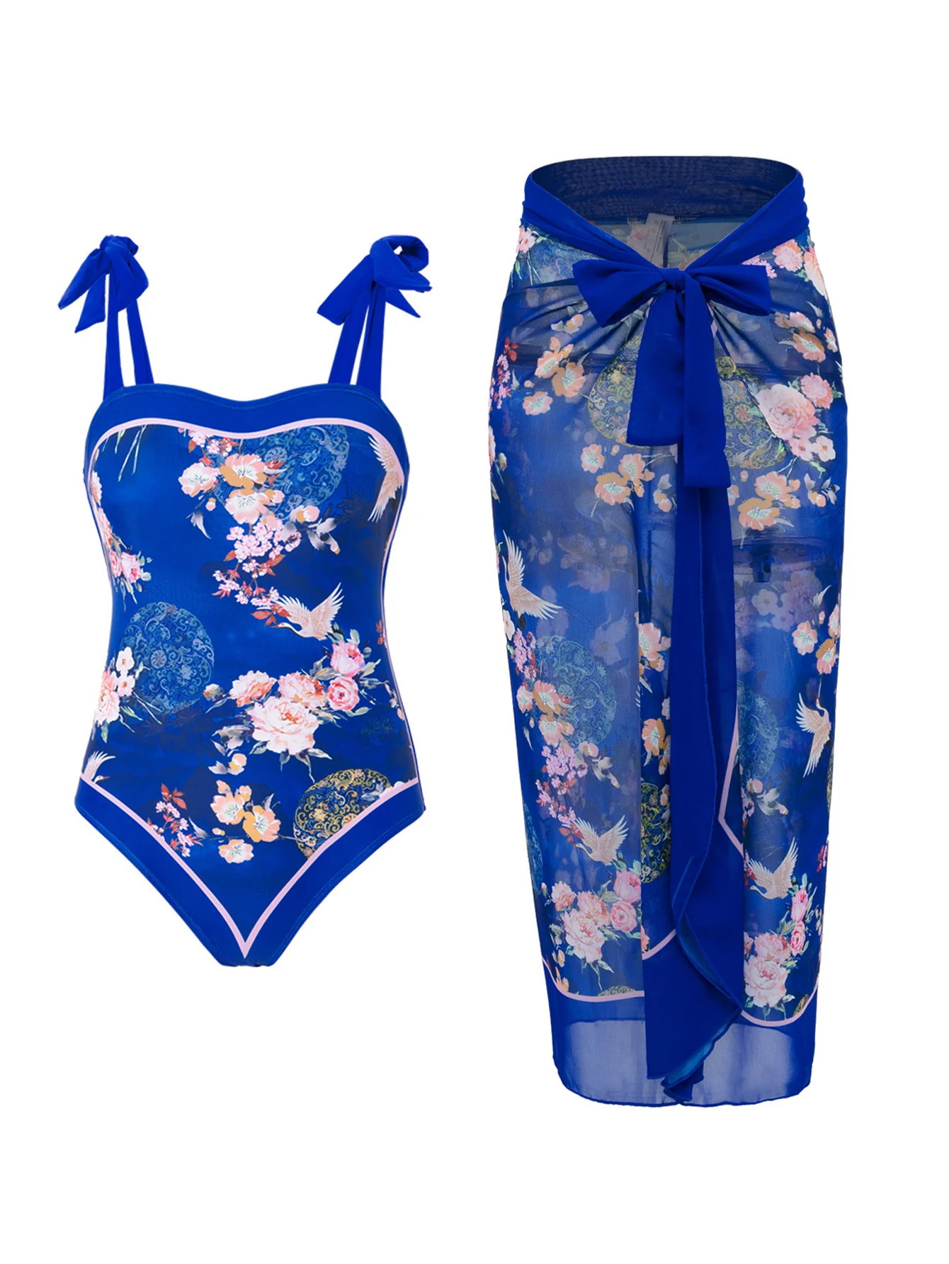 

Women’s one-piece swimsuit with overskirt set, small floral pattern, strapless bodice, shoulder straps, apron ties.