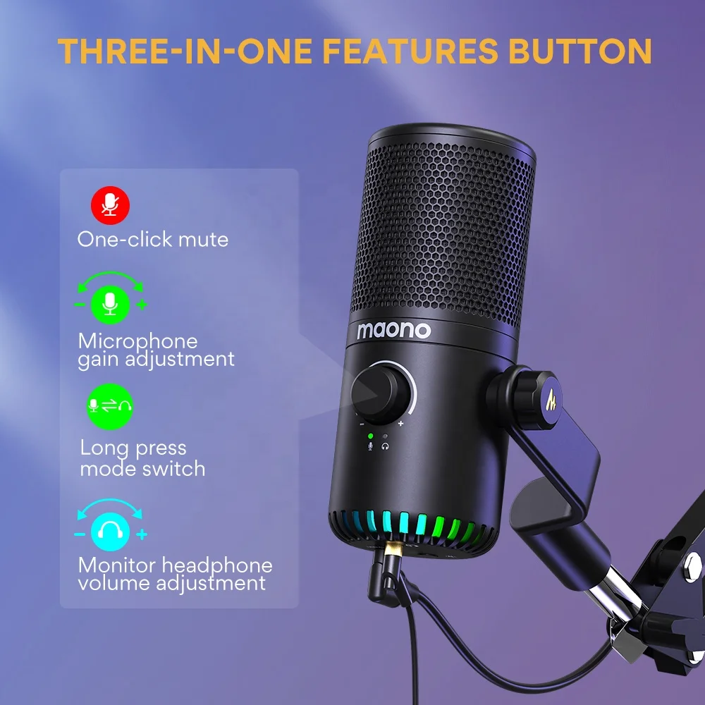 MAONO PC Programmable RGB Gaming Microphone for PC Gamer YouTube Podcast Mic Mute Headphone Jack Gain USB Condenser Microphones view 4
